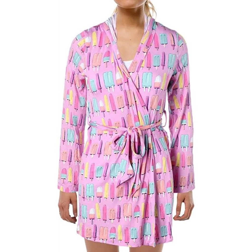 This is a pink “Nite Nite” robe with popsicles on it.